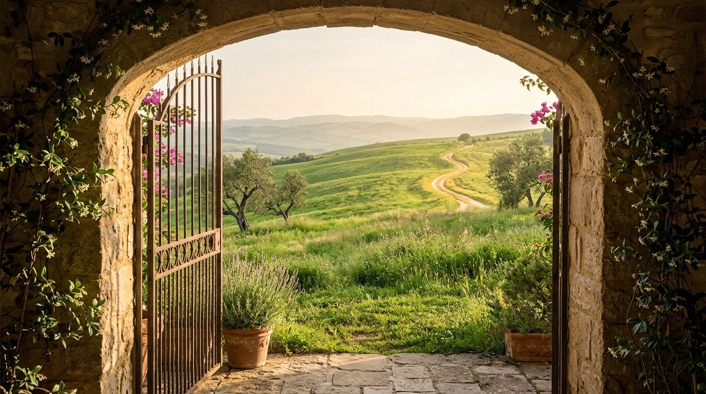 An open iron gate in a stone archway looking out over a green hillside path