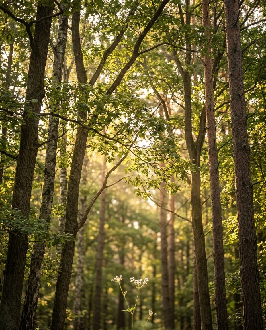 Sunlight filtering through shaded trees and wildflowers in a quiet forest